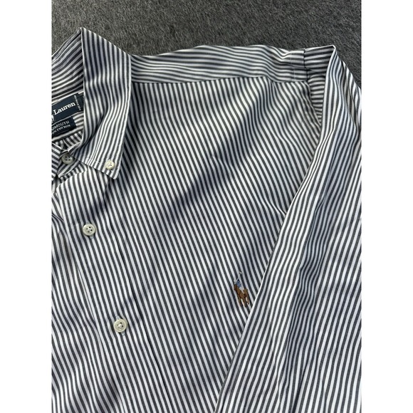 Ralph Lauren Shirt Mens 17 Gray White Striped Yarmouth Button Down Oxford Cotton - Picture 1 of 13